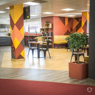 interior design, custom furniture and original wall painting for TravelPerk office by ALLY